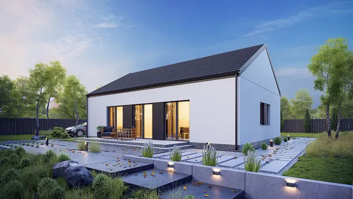 Modern gabled house with a swimming pool and planted terrace in the evening.